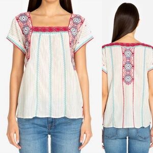 Johnny Was Workshop Kaya Embroidered Tunic Top White Ramie Medium